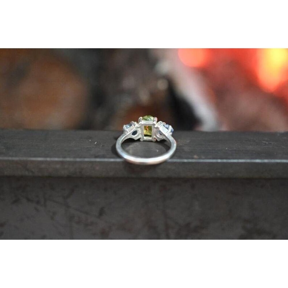 Peridot Engagement Ring - Three Stone Ring - Sapphire Ring - Unique Gemstone Ste - Picture 3 of 6